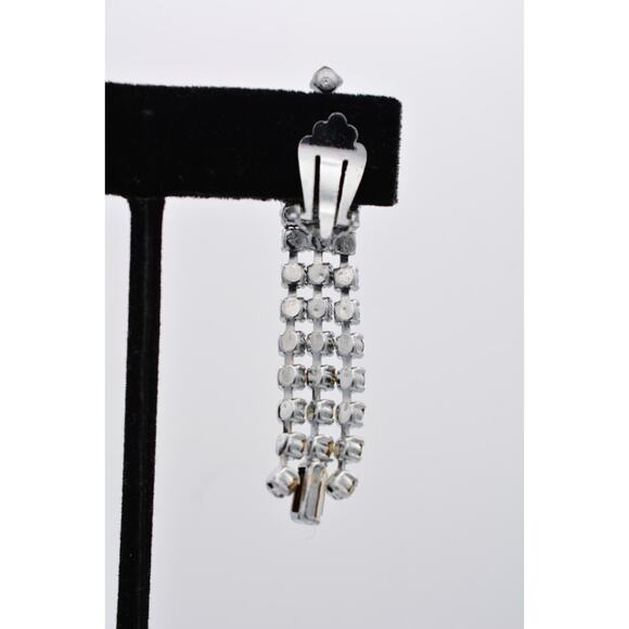 Vintage Crystal Clip On Earrings Baguette Rhinestone Dangle Fringe Shiny Bin7 - Picture 9 of 12